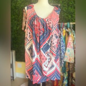 NWT Dressbarn Women's Sleeveless Printed Tank Top - Coral & Navy Sz 3X